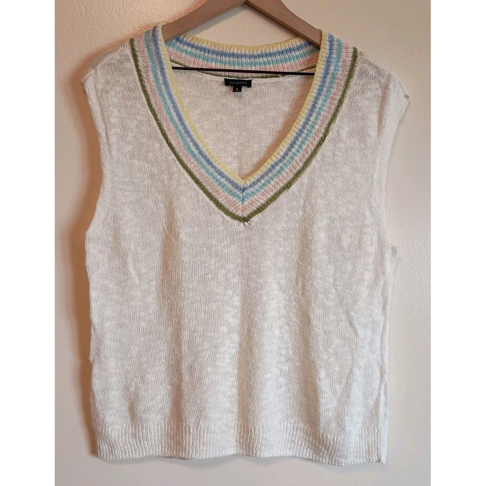 Talbots Womens M Linen Cotton Sweater‎ Vest Ivory Pastel Stripe V Neck Preppy